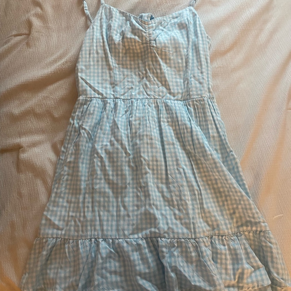 blue and white gingham dress